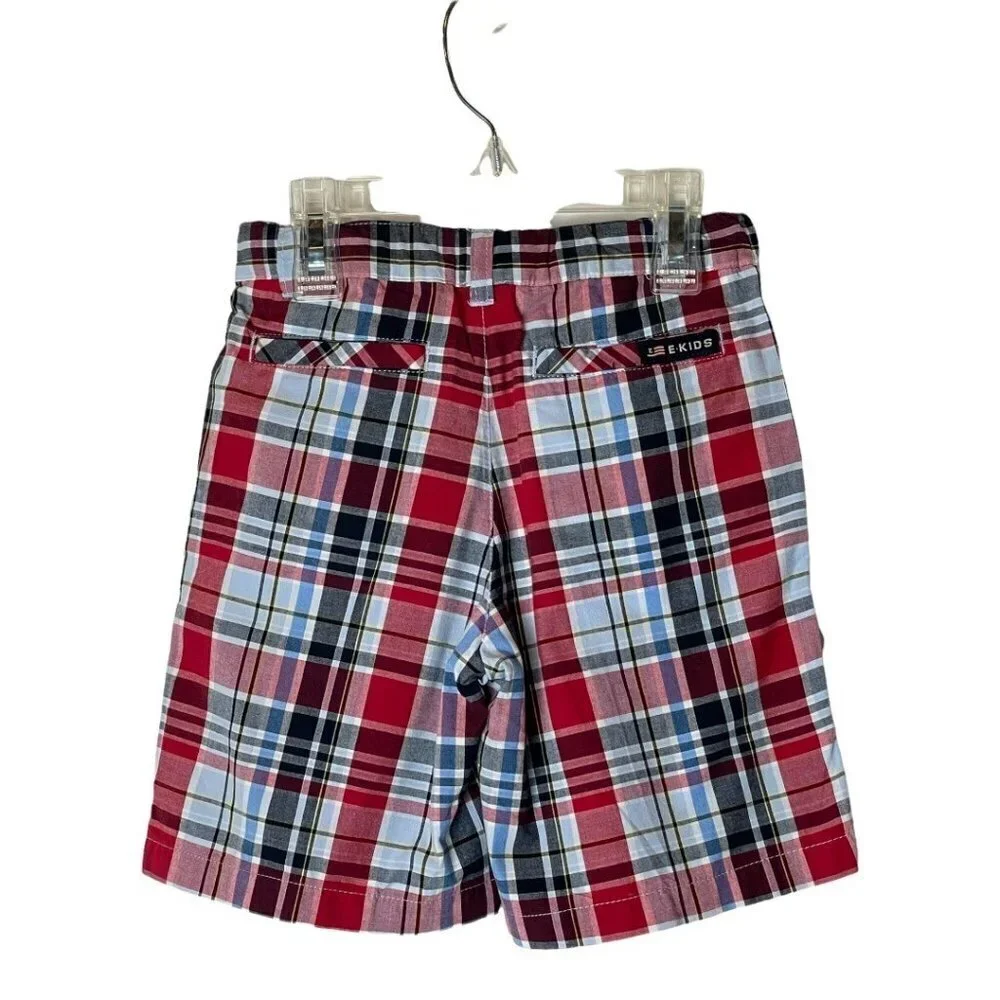 E-Land Red Blue And Black‎ Cotton Plaid Adjustable Waist Shorts Size 4